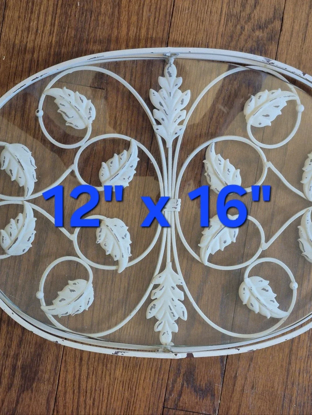 Gorgeous Ironwork Off White Metal Serving Or Display  Tray with Leaf Scrollwork